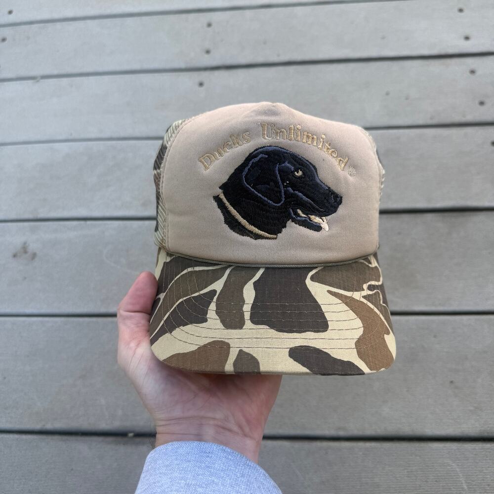Vintage 90's Ducks Unlimited Brown Camouflage Camo Black Lab Dog Snapback Hat